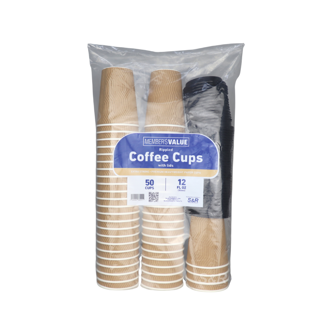 Member's Value 12oz Rippled Coffee Cups with Lids 50pcs